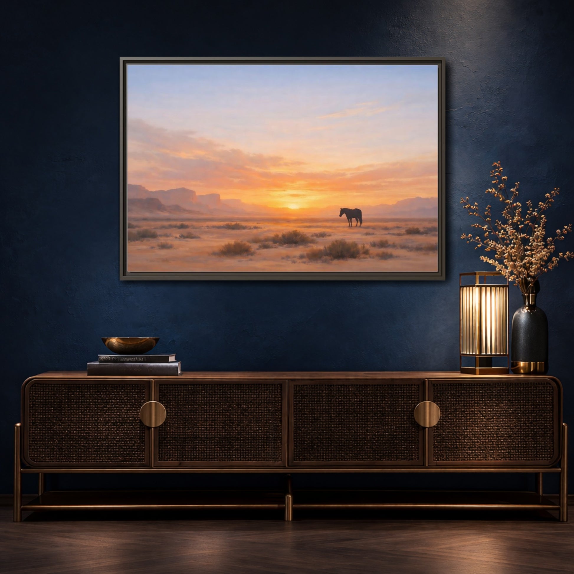 Mockup 4. Nature Wild Horse Orange Sunset Desert shown as stretched canvas wall art