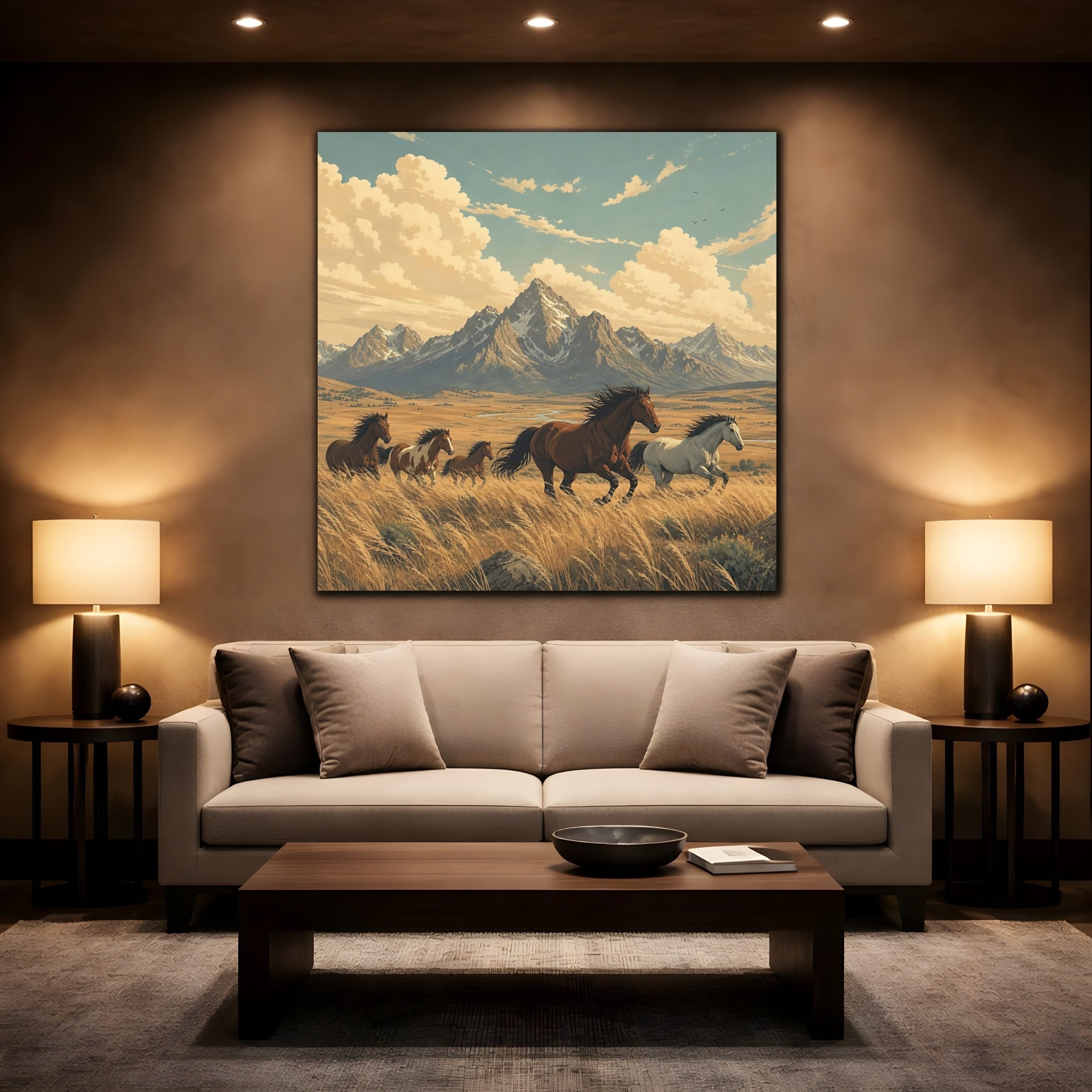 Mockup 2. Nature Wild Horses Wild Horses Landscape shown as stretched canvas wall art