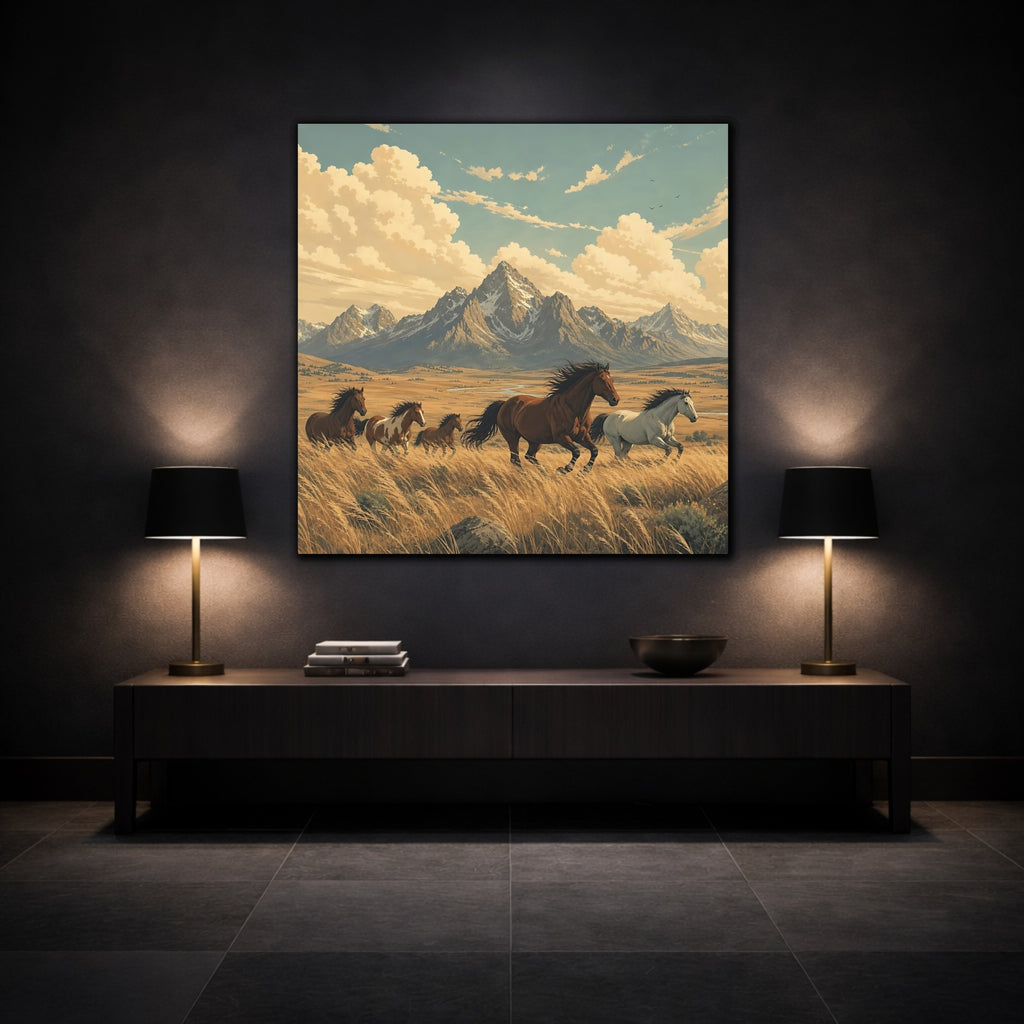 Mockup 3. Nature Wild Horses Wild Horses Landscape shown as stretched canvas wall art