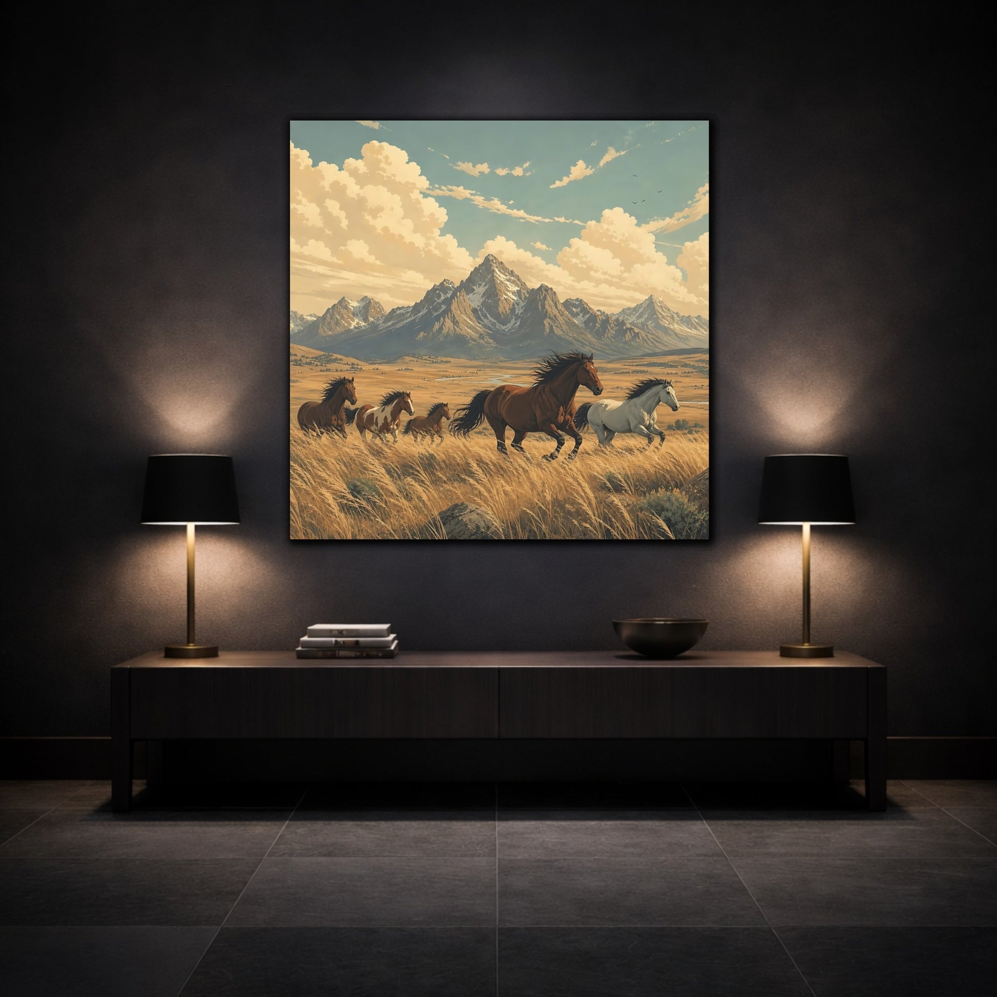 Mockup 3. Nature Wild Horses Wild Horses Landscape shown as stretched canvas wall art