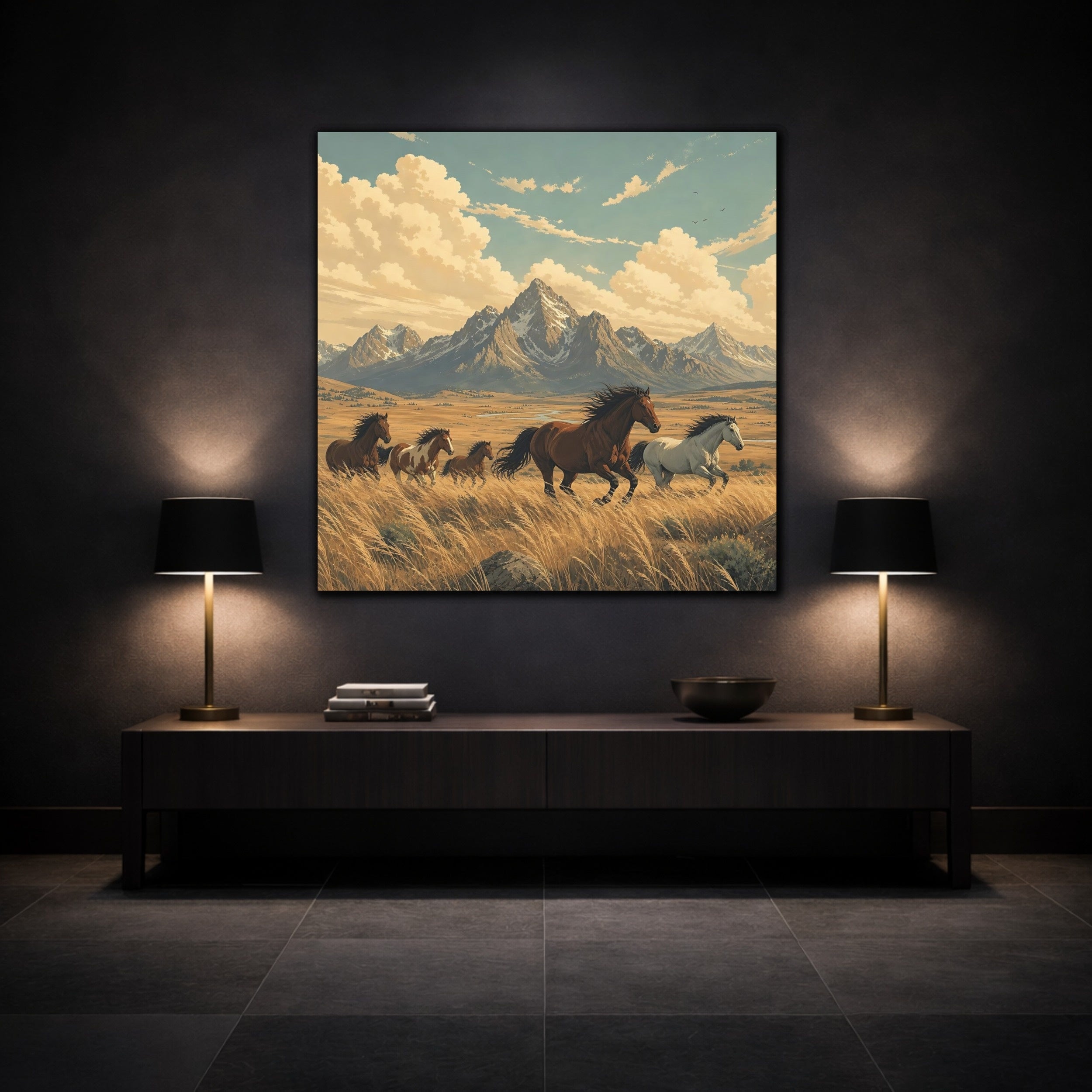 Mockup 3. Nature Wild Horses Wild Horses Landscape shown as stretched canvas wall art