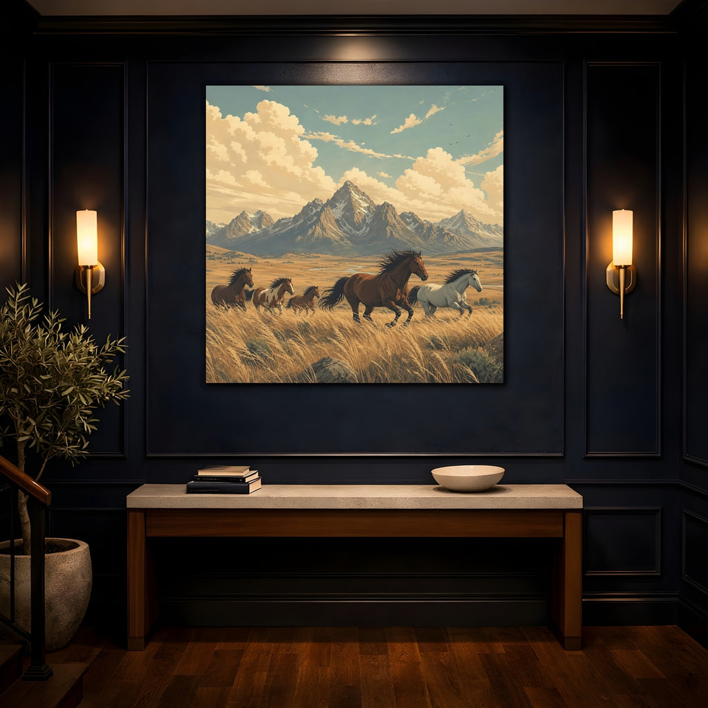 Mockup 4. Nature Wild Horses Wild Horses Landscape shown as stretched canvas wall art