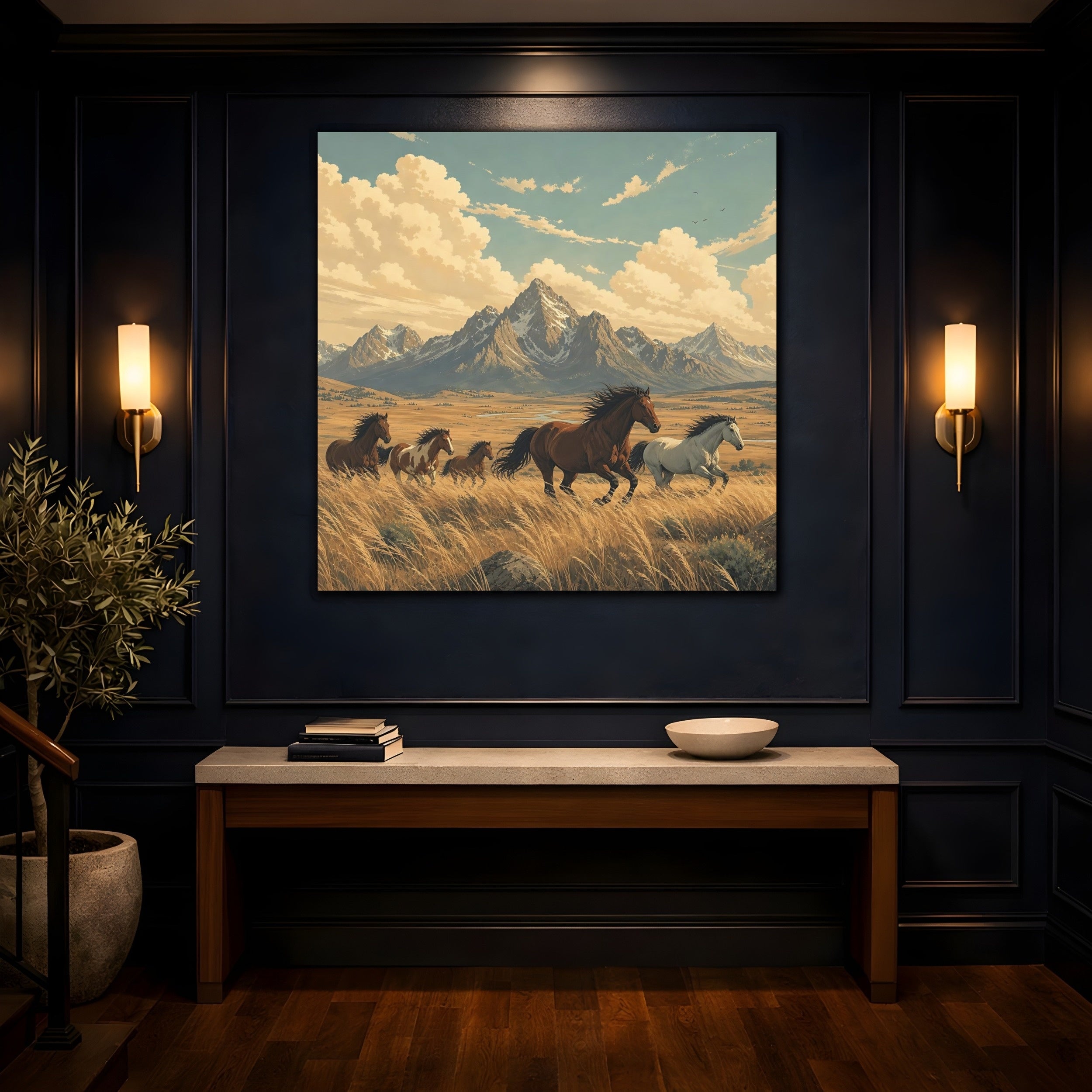 Mockup 4. Nature Wild Horses Wild Horses Landscape shown as stretched canvas wall art