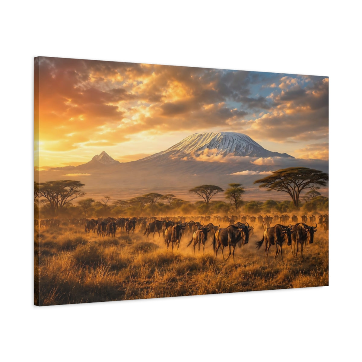 Main Mockup. Nature Wildebeest Herd Golden Safari shown as stretched canvas wall art