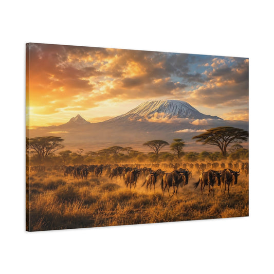 Main Mockup. Nature Wildebeest Herd Golden Safari shown as stretched canvas wall art