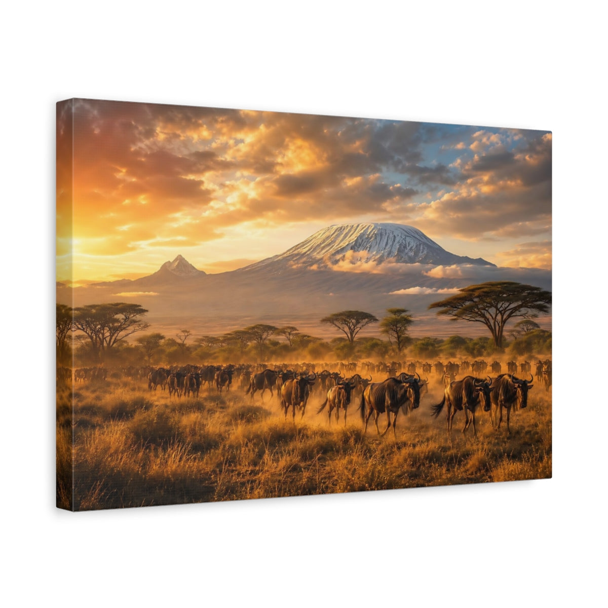 Side Mockup 4. Nature Wildebeest Herd Golden Safari shown as stretched canvas wall art