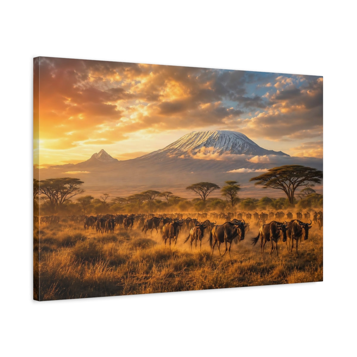 Side Mockup 2. Nature Wildebeest Herd Golden Safari shown as stretched canvas wall art