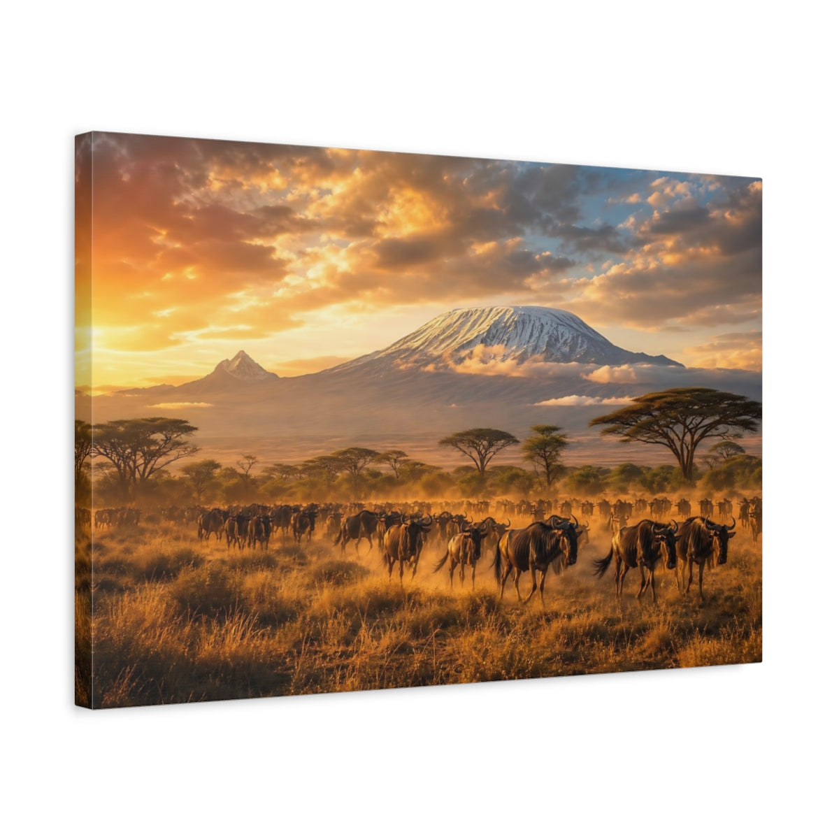 Side Mockup 3. Nature Wildebeest Herd Golden Safari shown as stretched canvas wall art
