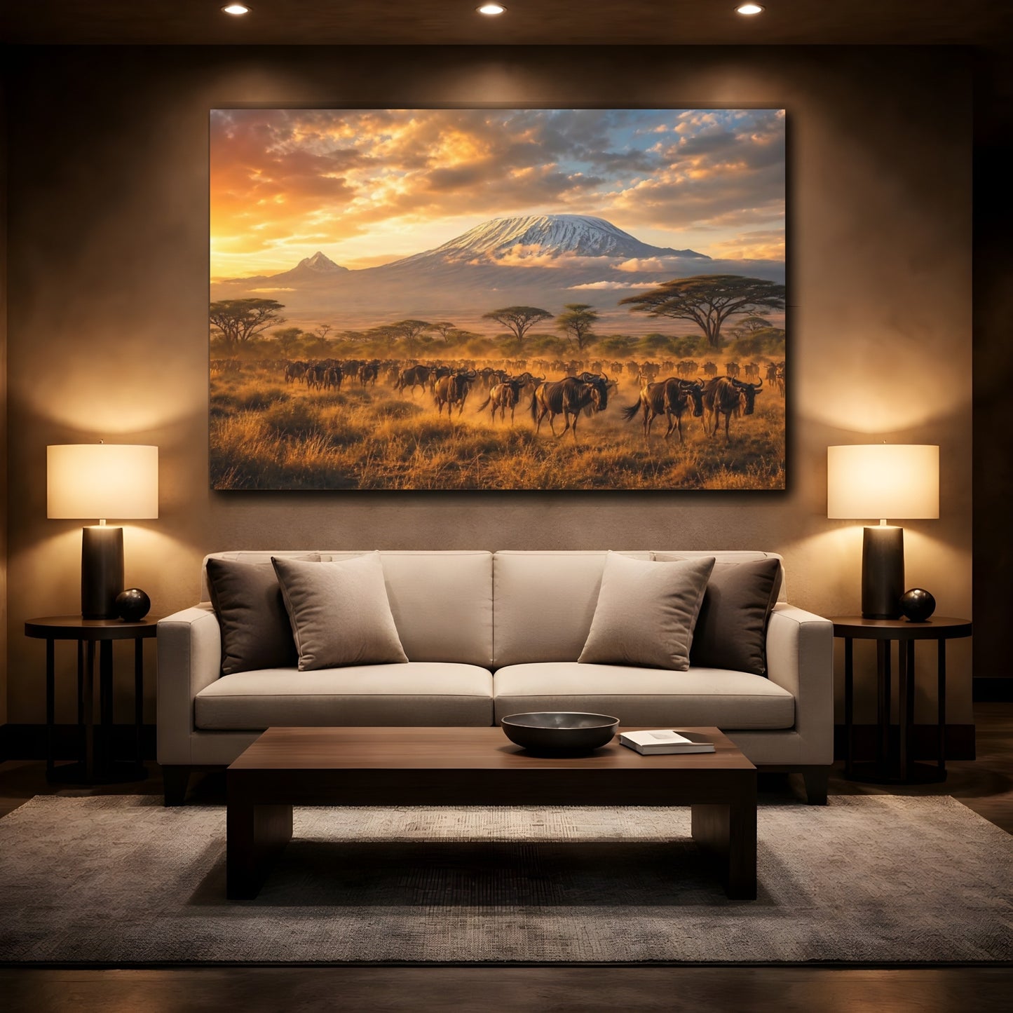 Mockup 2. Nature Wildebeest Herd Golden Safari shown as stretched canvas wall art