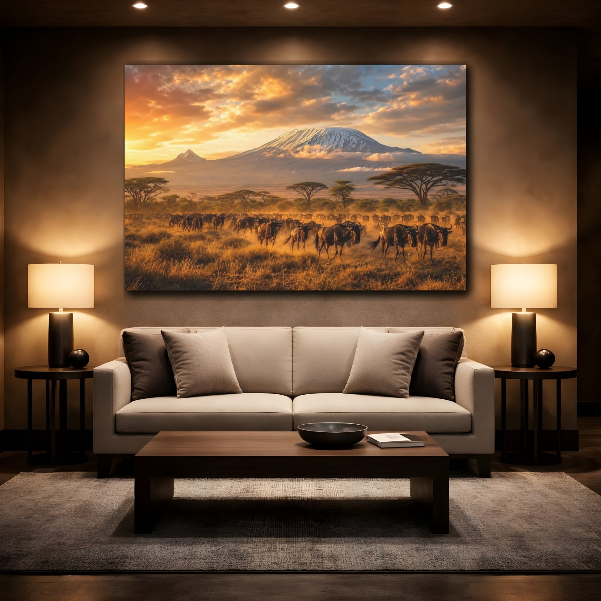Mockup 2. Nature Wildebeest Herd Golden Safari shown as stretched canvas wall art