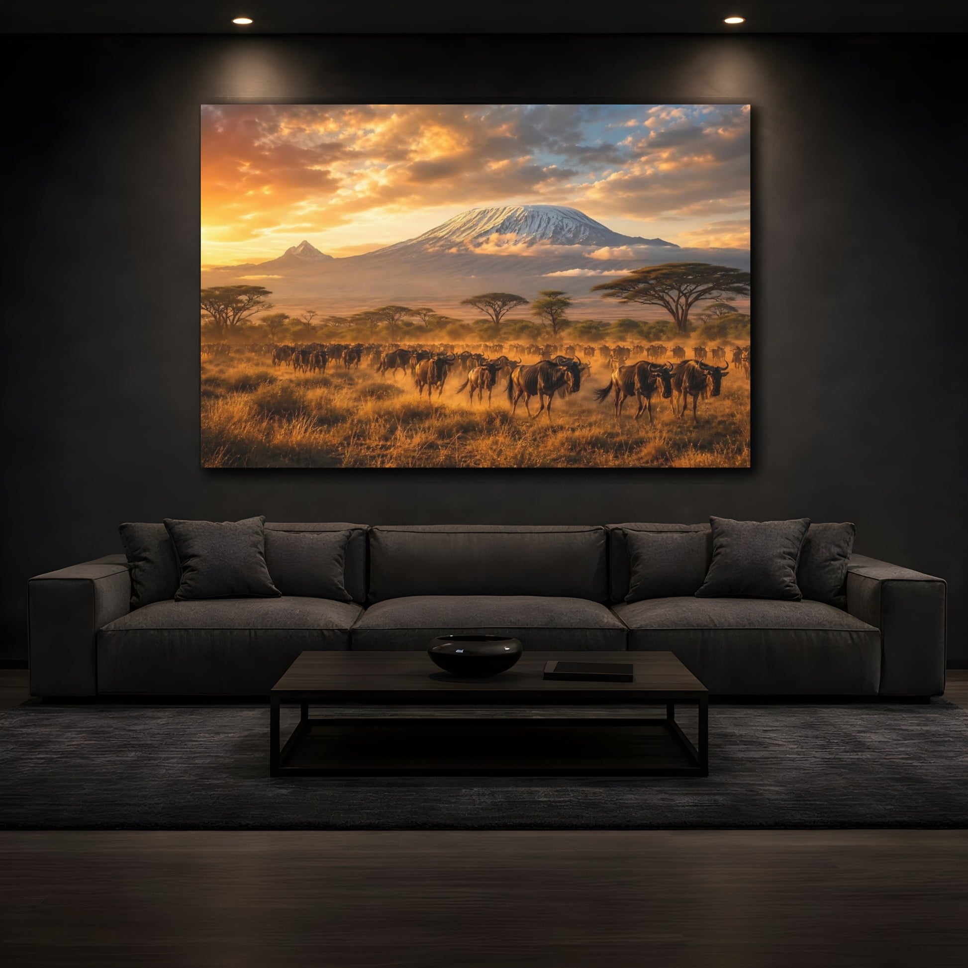 Mockup 3. Nature Wildebeest Herd Golden Safari shown as stretched canvas wall art