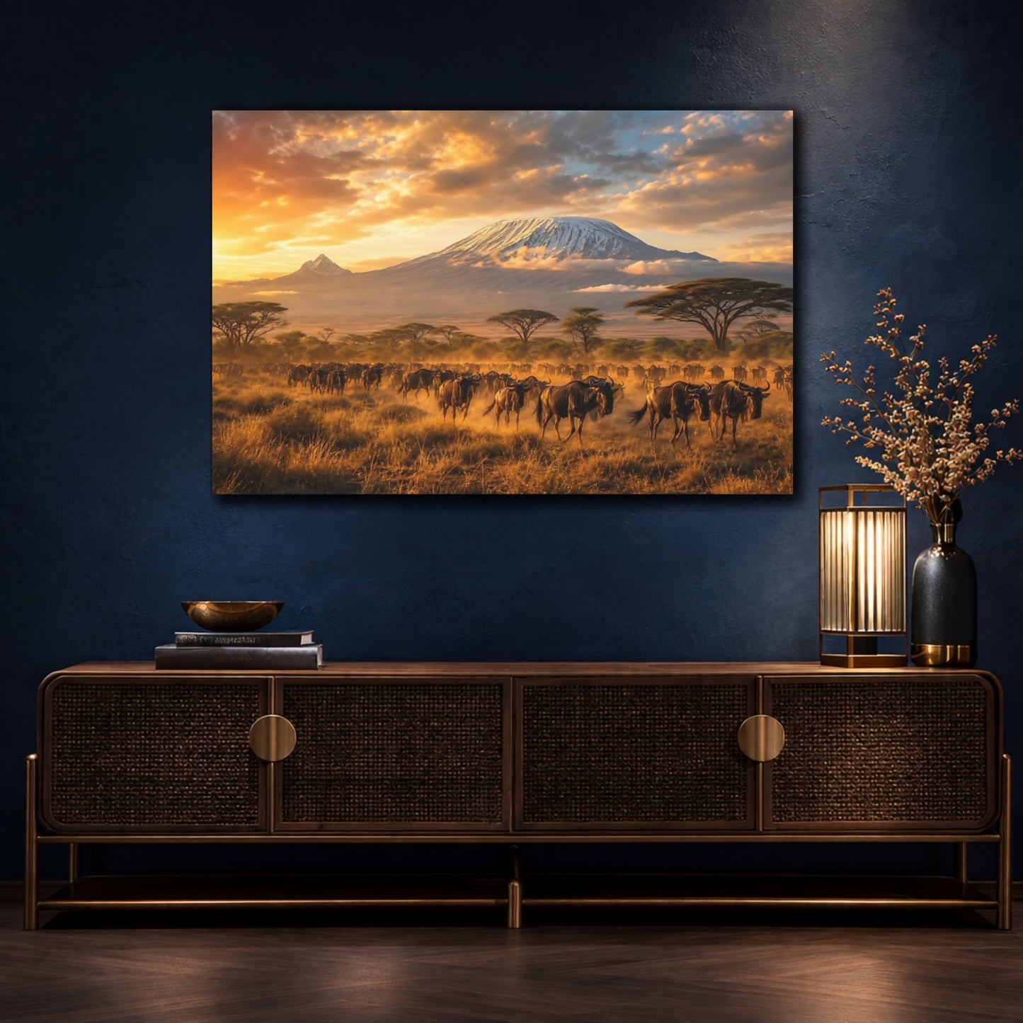 Mockup 4. Nature Wildebeest Herd Golden Safari shown as stretched canvas wall art