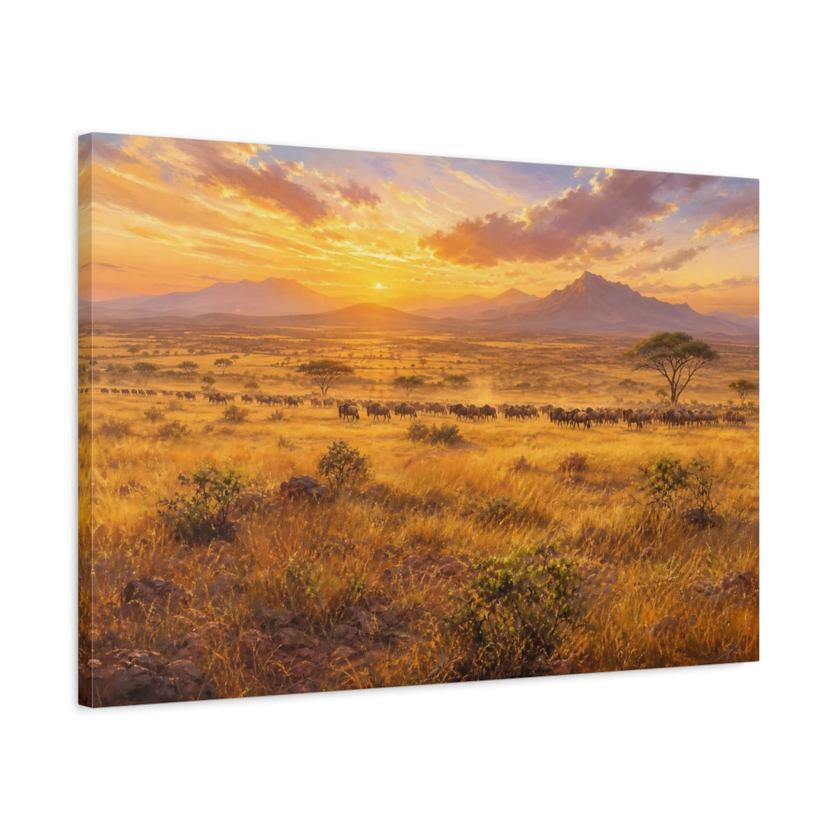 Side Mockup 2. Nature Wildebeest Wildebeest Sunset shown as stretched canvas wall art
