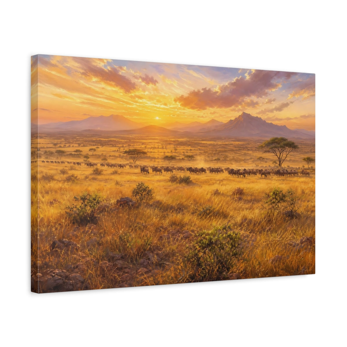 Side Mockup 3. Nature Wildebeest Wildebeest Sunset shown as stretched canvas wall art