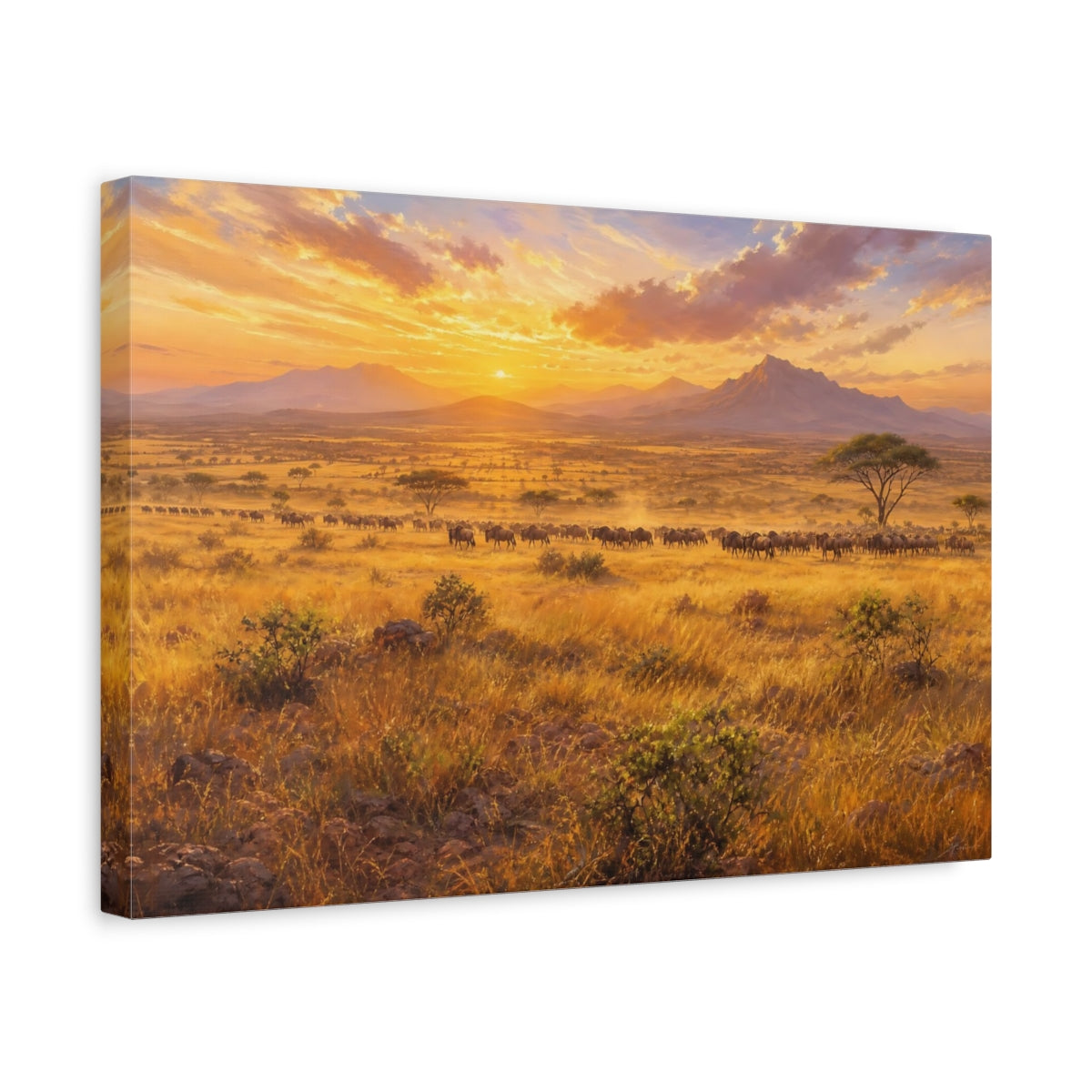 Side Mockup 4. Nature Wildebeest Wildebeest Sunset shown as stretched canvas wall art