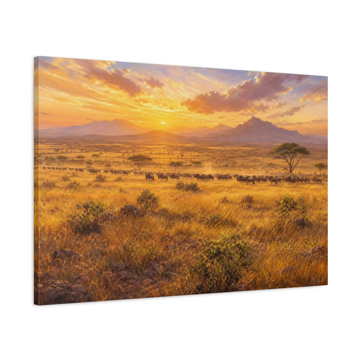 Main Mockup. Nature Wildebeest Wildebeest Sunset shown as stretched canvas wall art