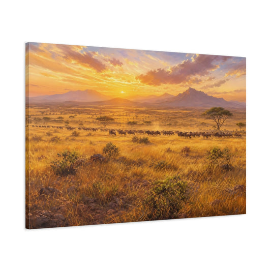 Main Mockup. Nature Wildebeest Wildebeest Sunset shown as stretched canvas wall art