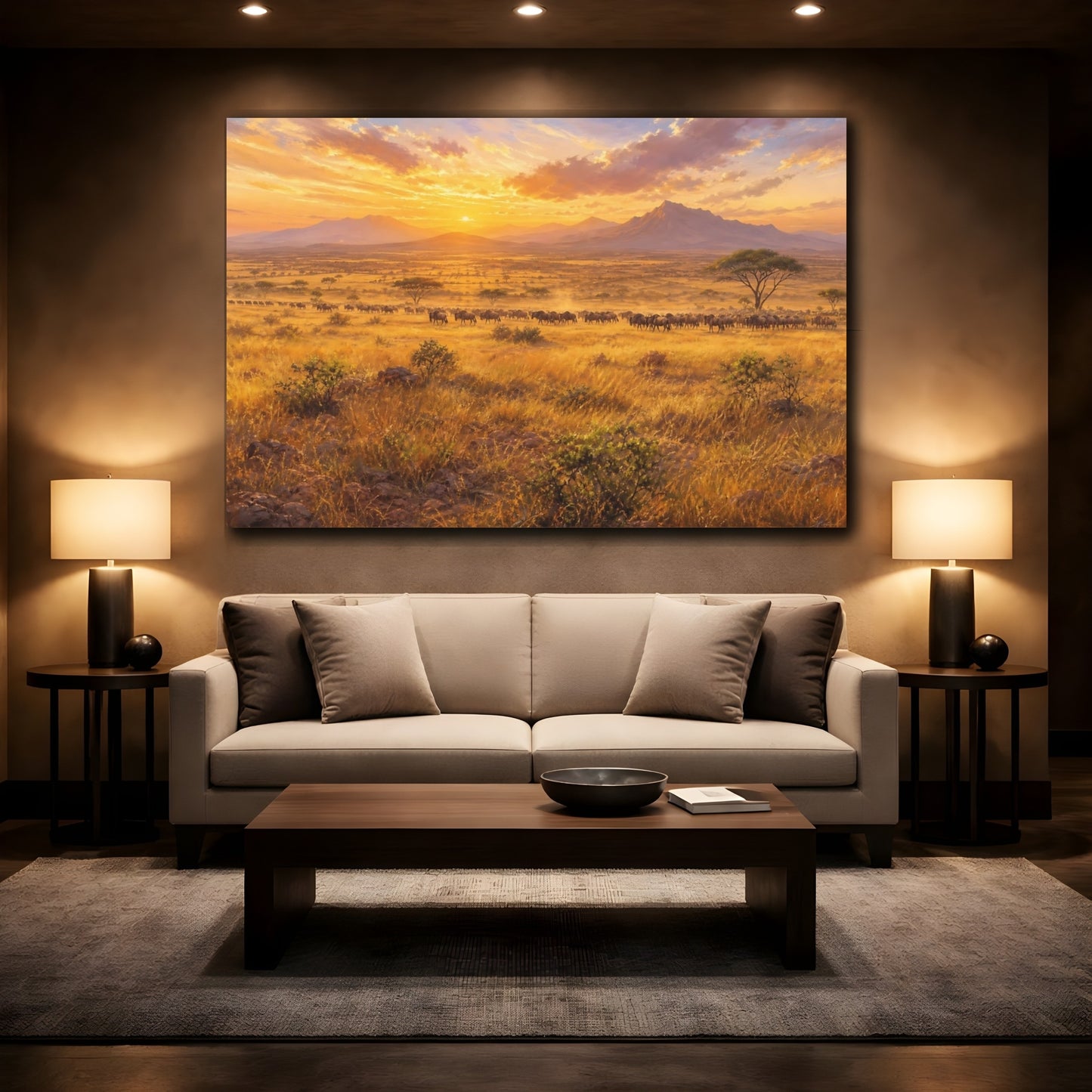Mockup 2. Nature Wildebeest Wildebeest Sunset shown as stretched canvas wall art