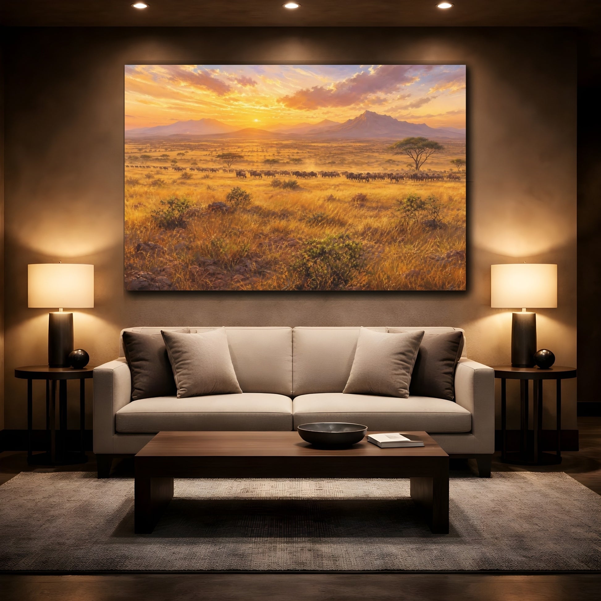 Mockup 2. Nature Wildebeest Wildebeest Sunset shown as stretched canvas wall art
