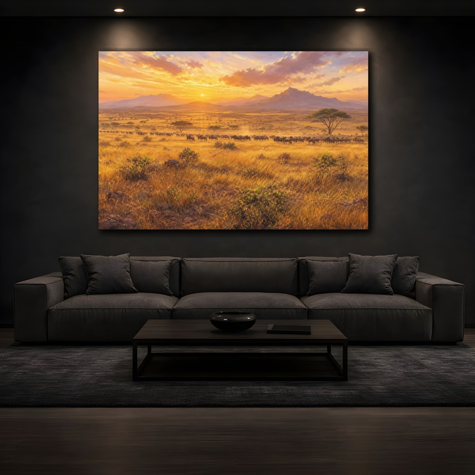 Mockup 3. Nature Wildebeest Wildebeest Sunset shown as stretched canvas wall art