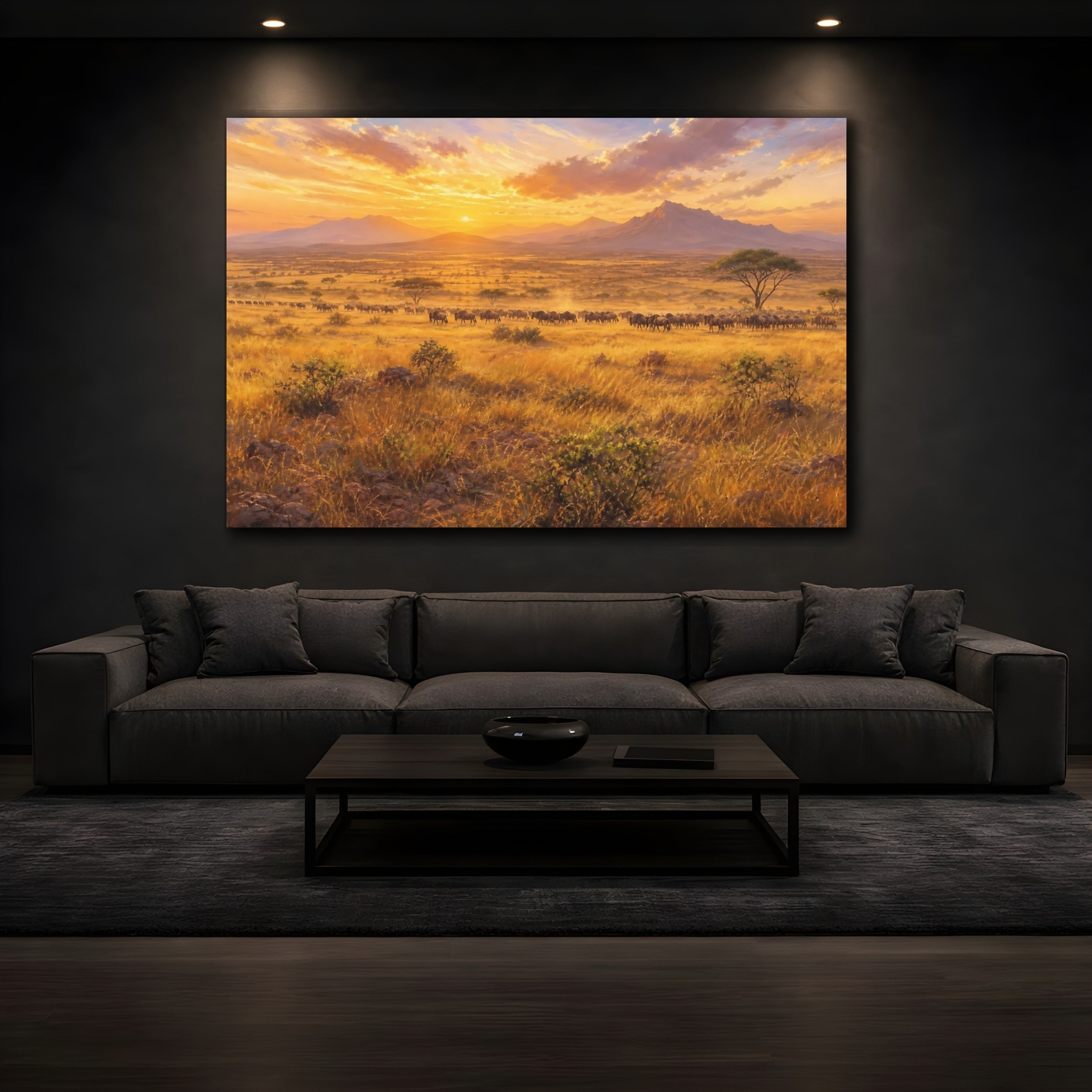 Mockup 3. Nature Wildebeest Wildebeest Sunset shown as stretched canvas wall art