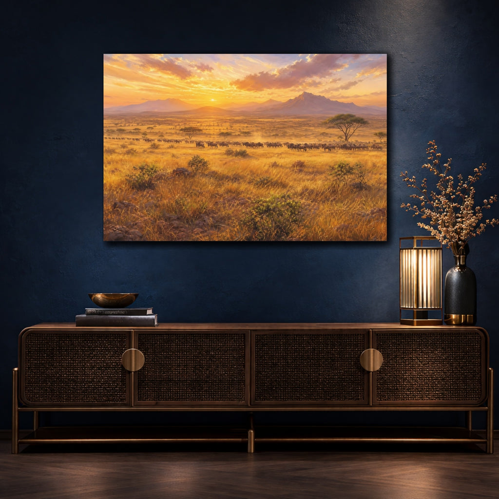 Mockup 4. Nature Wildebeest Wildebeest Sunset shown as stretched canvas wall art