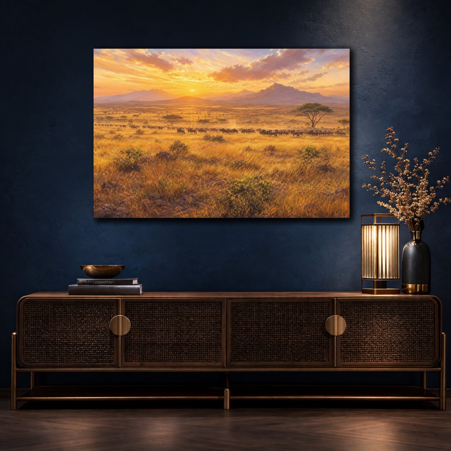 Mockup 4. Nature Wildebeest Wildebeest Sunset shown as stretched canvas wall art