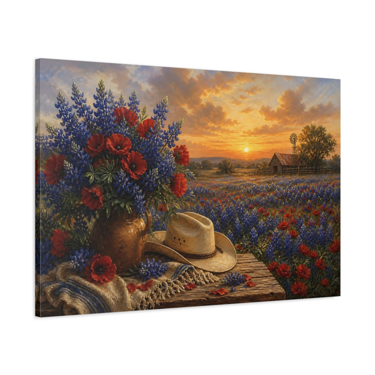 Main Mockup. Nature Wildflower Bouquet Blue Red Landscape shown as stretched canvas wall art