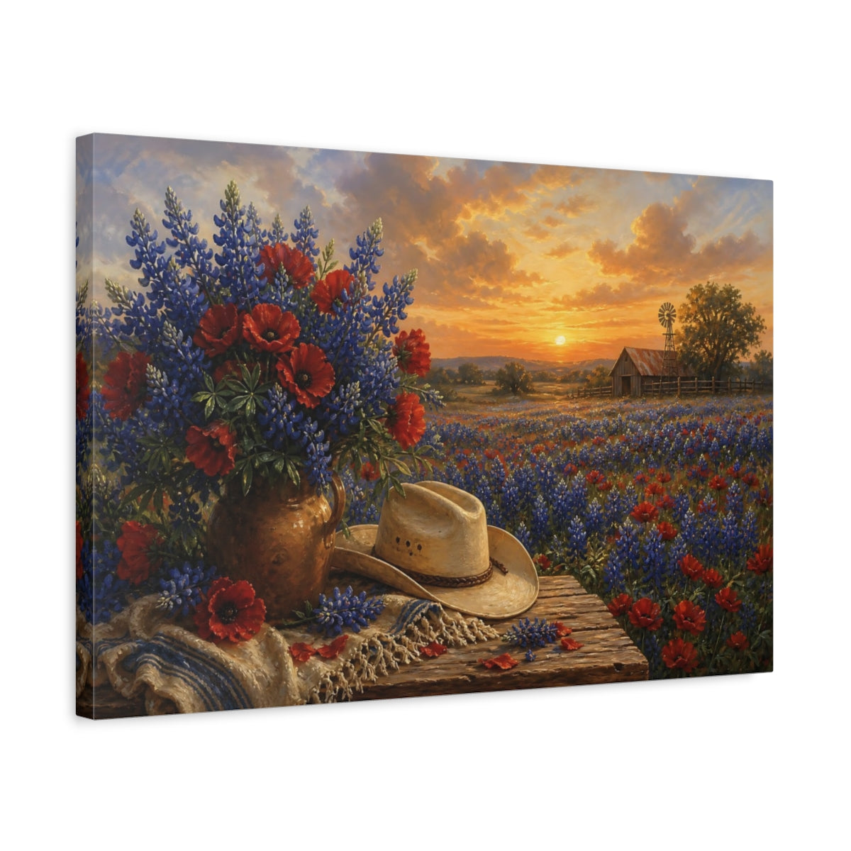Side Mockup 3. Nature Wildflower Bouquet Blue Red Landscape shown as stretched canvas wall art