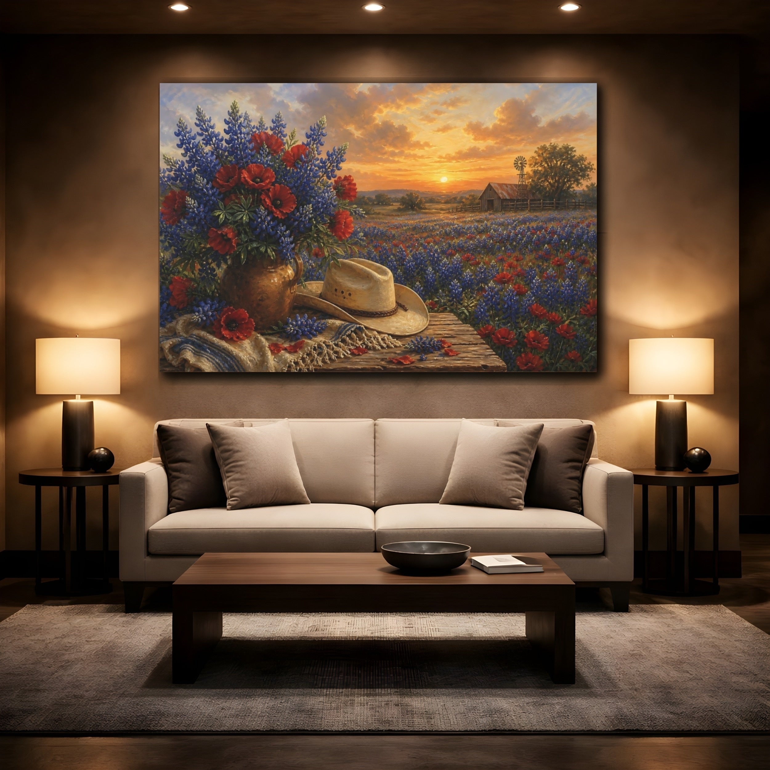 Mockup 2. Nature Wildflower Bouquet Blue Red Landscape shown as stretched canvas wall art