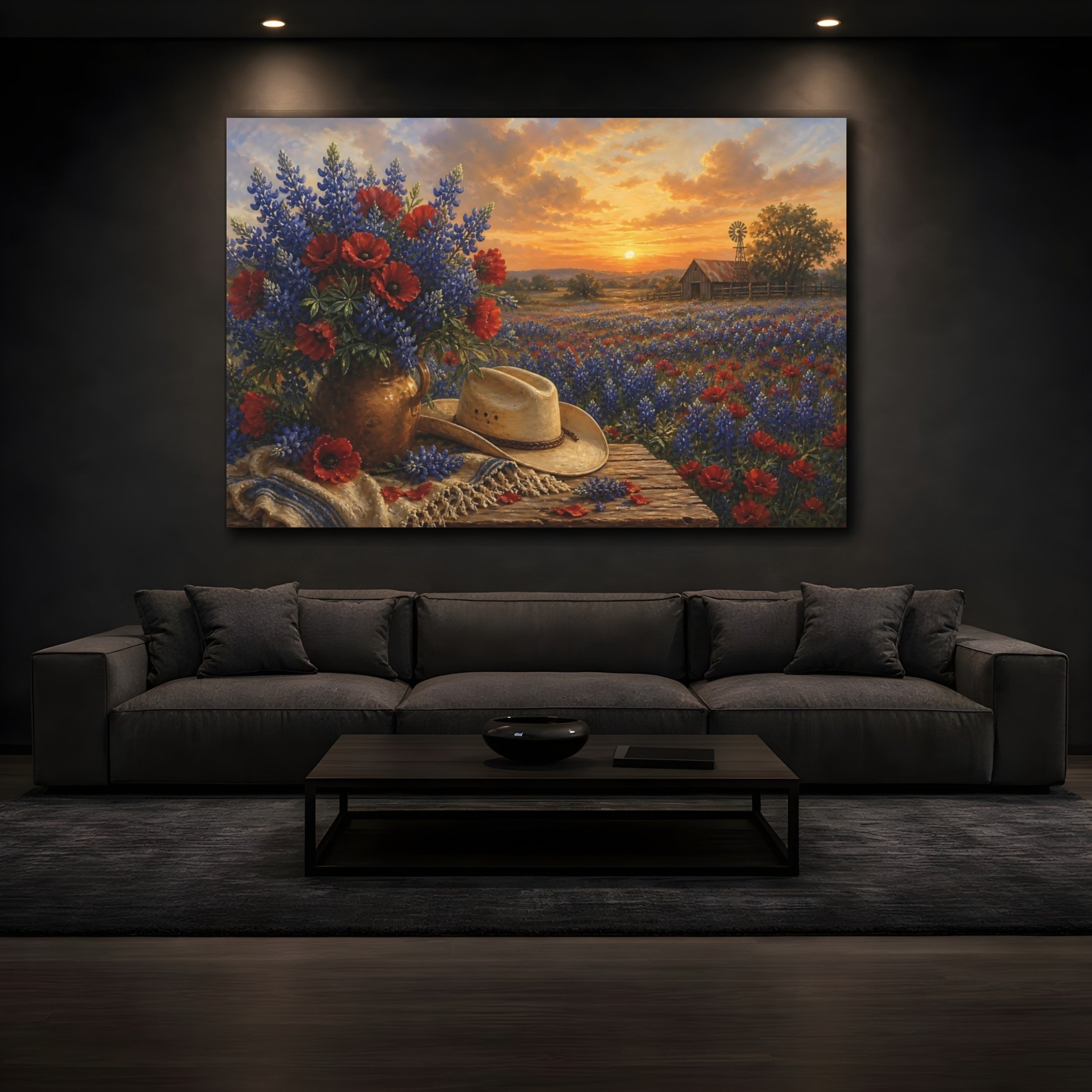 Mockup 3. Nature Wildflower Bouquet Blue Red Landscape shown as stretched canvas wall art