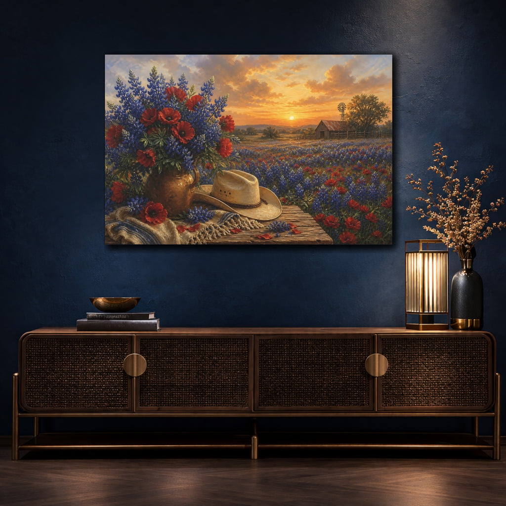 Mockup 4. Nature Wildflower Bouquet Blue Red Landscape shown as stretched canvas wall art