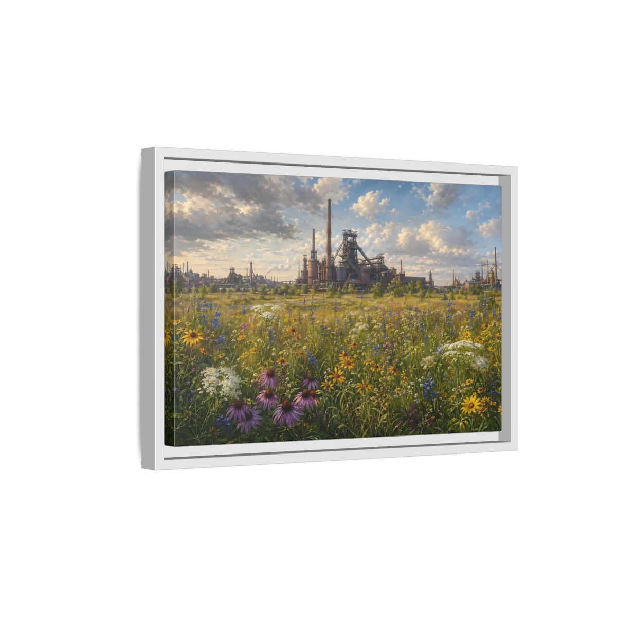Side Mockup 4. Nature Wildflower Field Industrial Meadow Art shown as stretched canvas wall art