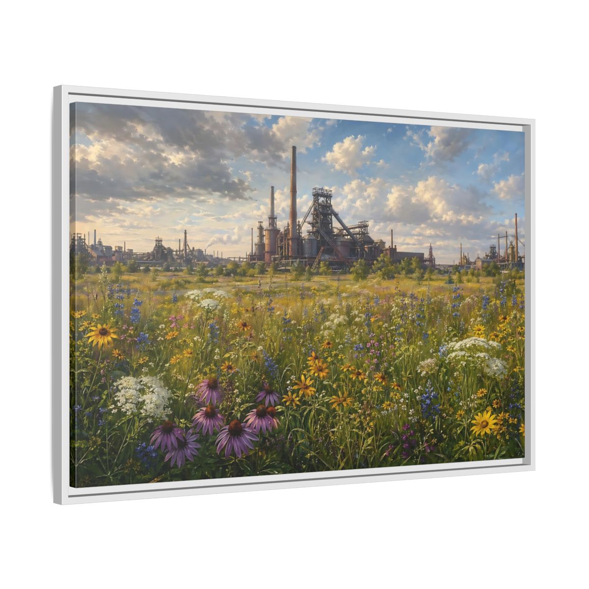 Side Mockup 9. Nature Wildflower Field Industrial Meadow Art shown as stretched canvas wall art