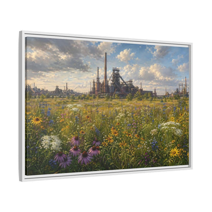 Side Mockup 9. Nature Wildflower Field Industrial Meadow Art shown as stretched canvas wall art