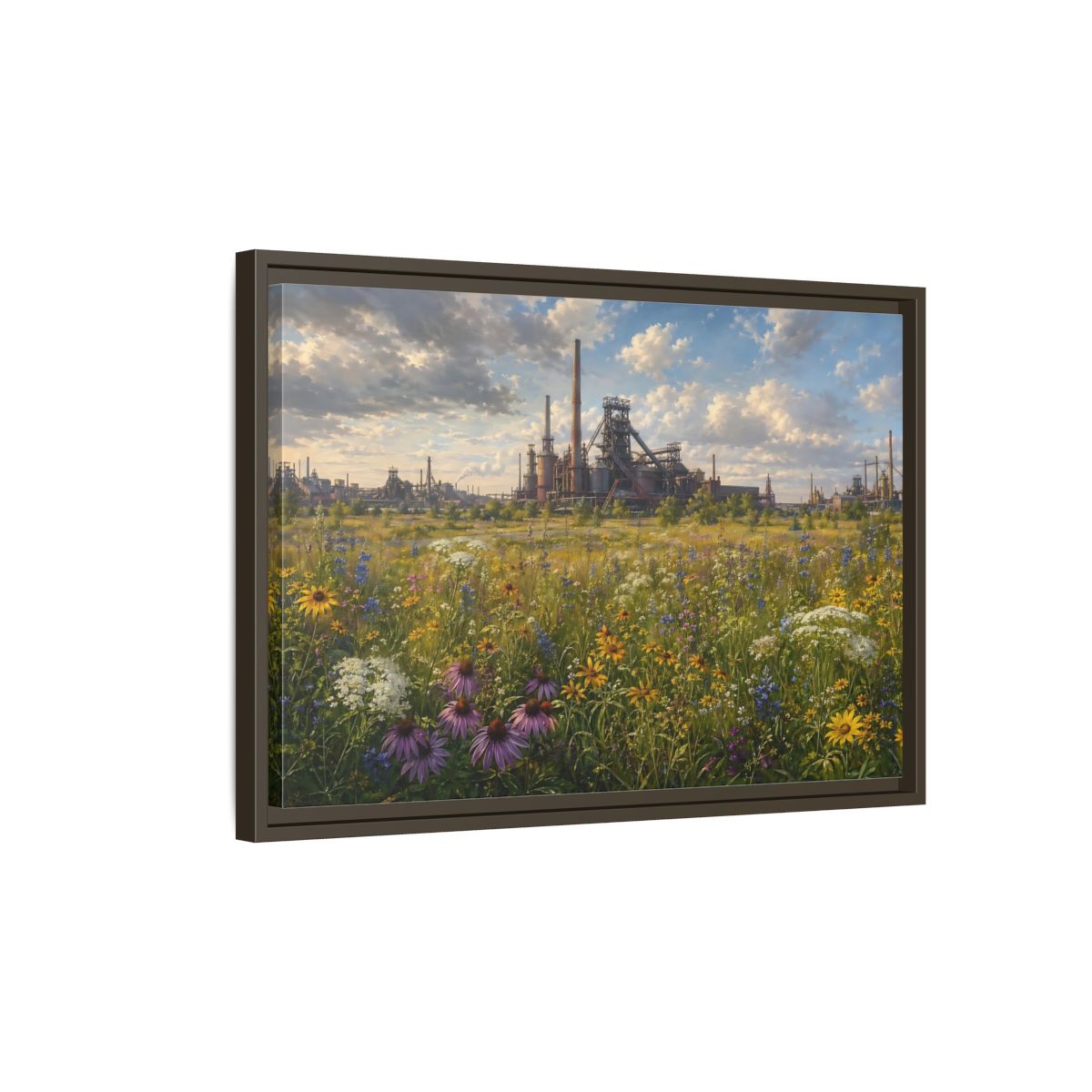 Side Mockup 2. Nature Wildflower Field Industrial Meadow Art shown as stretched canvas wall art