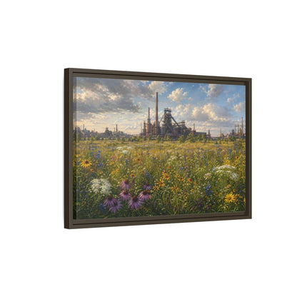 Side Mockup 2. Nature Wildflower Field Industrial Meadow Art shown as stretched canvas wall art