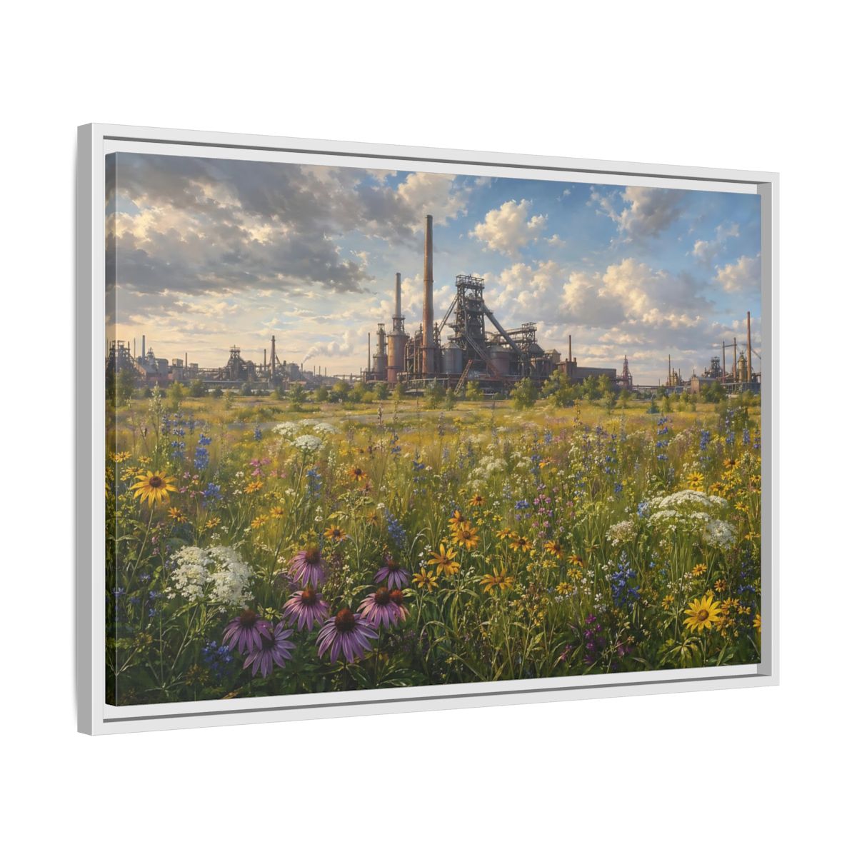 Side Mockup 10. Nature Wildflower Field Industrial Meadow Art shown as stretched canvas wall art
