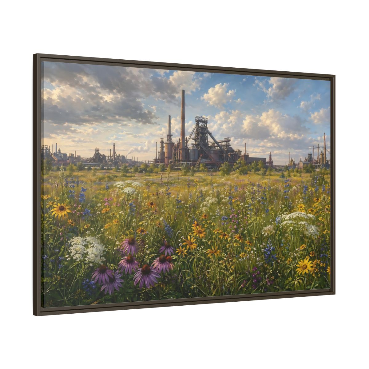 Side Mockup 8. Nature Wildflower Field Industrial Meadow Art shown as stretched canvas wall art