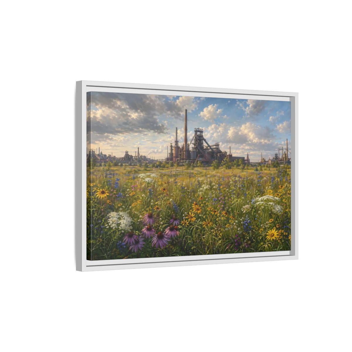 Side Mockup 1. Nature Wildflower Field Industrial Meadow Art shown as stretched canvas wall art