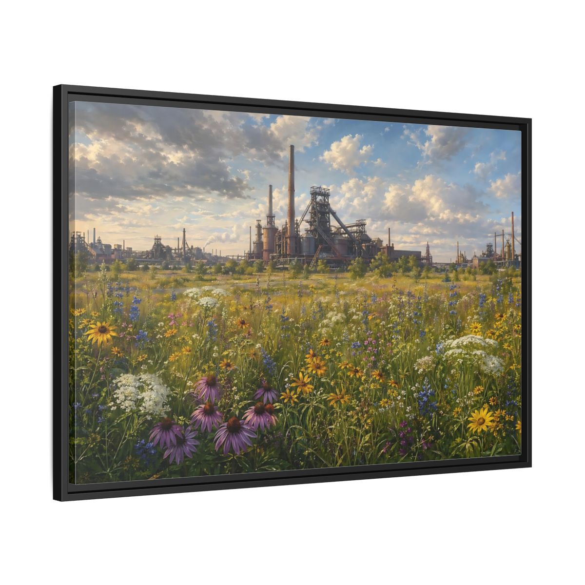 Side Mockup 13. Nature Wildflower Field Industrial Meadow Art shown as stretched canvas wall art