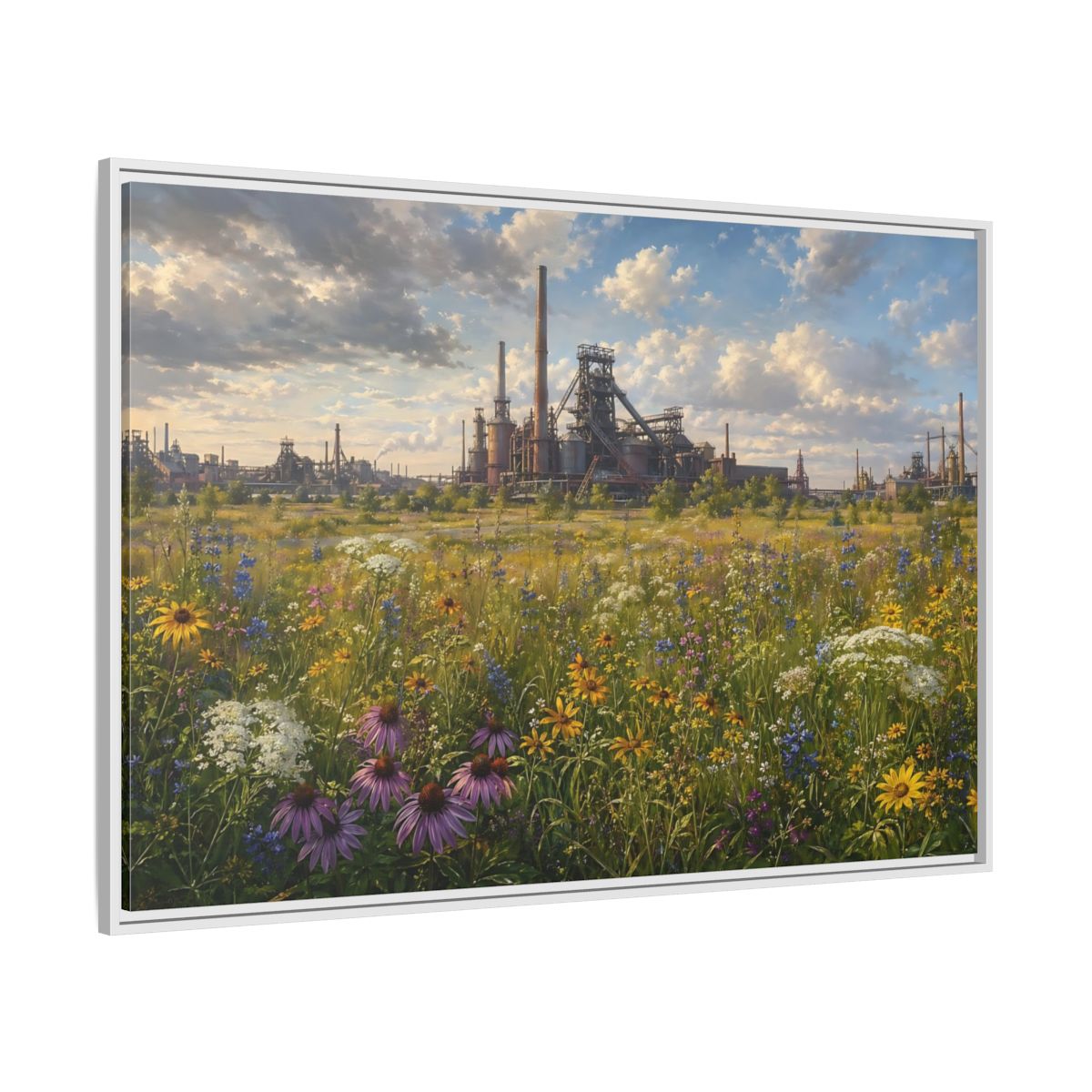 Side Mockup 7. Nature Wildflower Field Industrial Meadow Art shown as stretched canvas wall art