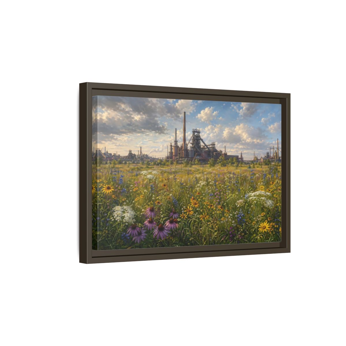 Side Mockup 5. Nature Wildflower Field Industrial Meadow Art shown as stretched canvas wall art