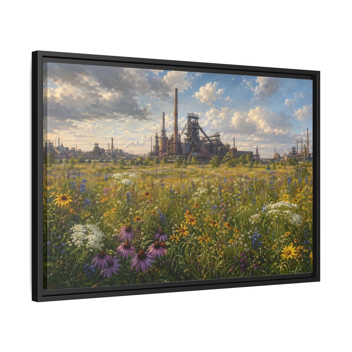 Side Mockup 14. Nature Wildflower Field Industrial Meadow Art shown as stretched canvas wall art