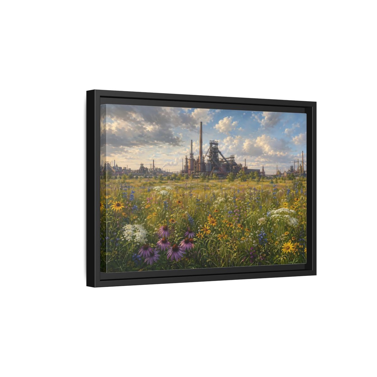 Side Mockup 6. Nature Wildflower Field Industrial Meadow Art shown as stretched canvas wall art