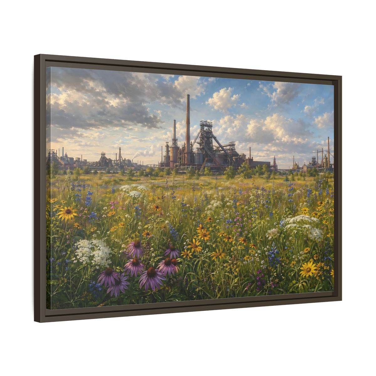 Side Mockup 11. Nature Wildflower Field Industrial Meadow Art shown as stretched canvas wall art
