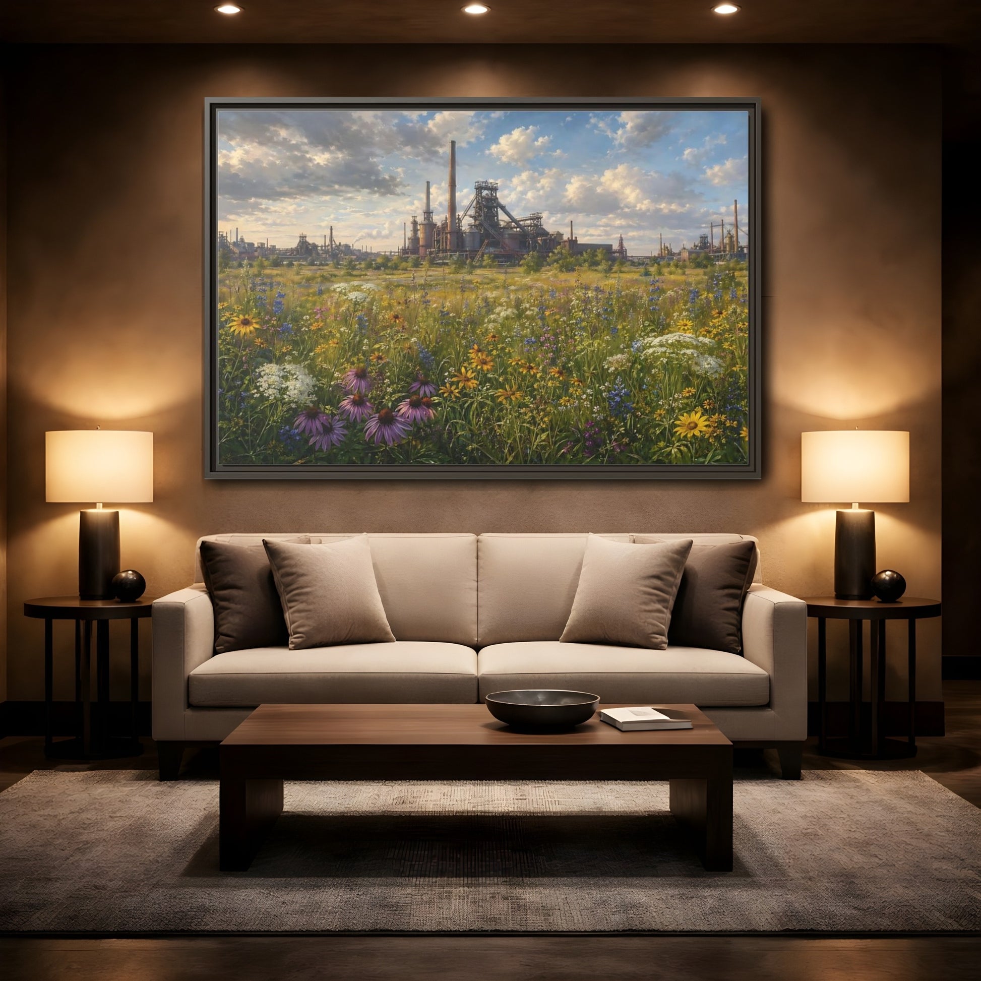 Mockup 2. Nature Wildflower Field Industrial Meadow Art shown as stretched canvas wall art
