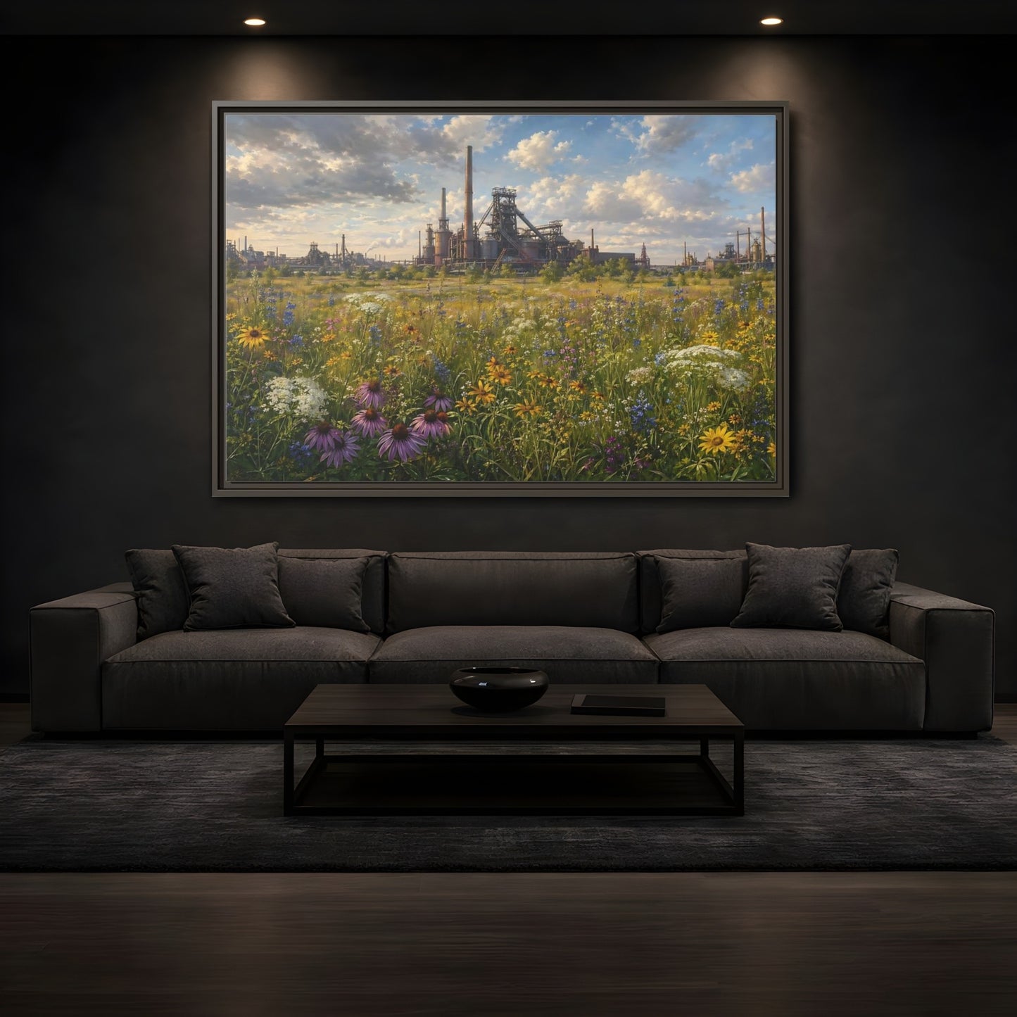Mockup 3. Nature Wildflower Field Industrial Meadow Art shown as stretched canvas wall art
