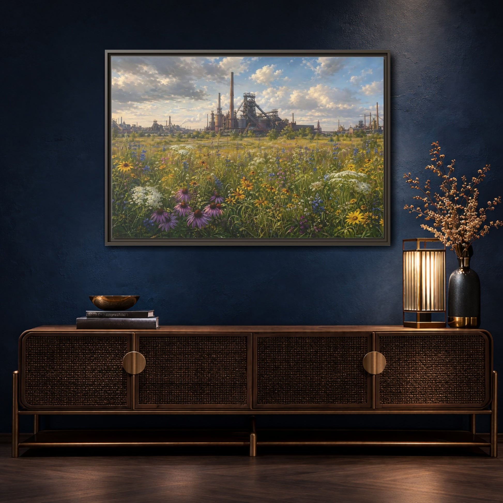 Mockup 4. Nature Wildflower Field Industrial Meadow Art shown as stretched canvas wall art