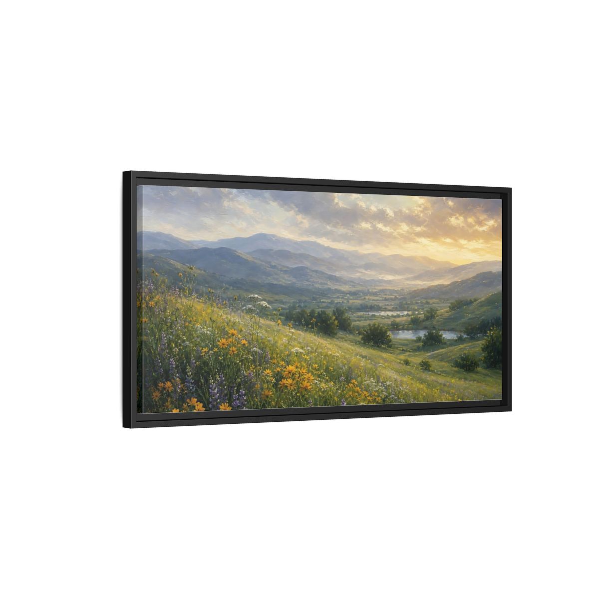 Side Mockup 2. Nature Wildflower Meadow Green Valley shown as stretched canvas wall art